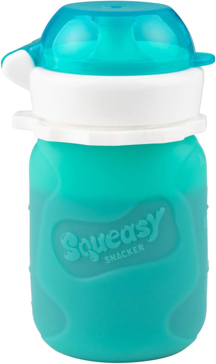 Aqua 3.5 oz Squeasy Snacker Spill Proof Silicone Reusable Food Pouch - for Both Soft Foods and Liquids - Water, Apple Sauce, Yogurt, Smoothies, Baby Food - Dishwasher Safe