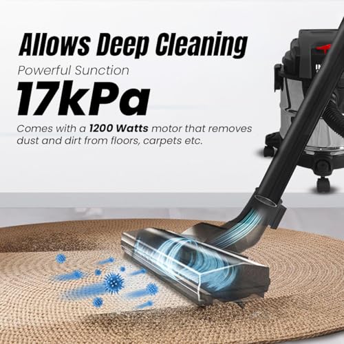 Image of INALSA CleanMaster 12 Wet & Dry Vacuum Cleaner | 1200W High Power | 17 kPa Powerful Suction | 12L Stainless Steel Tank | Blower Function | Advanced Filtration | Overheat Protection | 1 Year Warranty