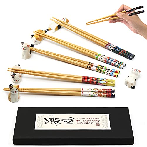 箸 箸置き 5組 かわいいラッキーキャット 箸置き 6匹 猫 箸ホルダー ギフトセット クラシック 和風 竹 天然 再利用可能 箸 食洗機対応