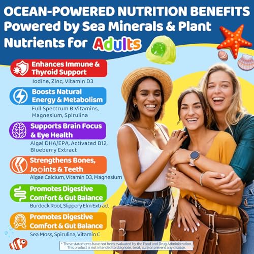 Image of Sea Moss + Elderberry Gummies for Kids & Adults, 19-IN-1 Super Food with Spirulina, Algae Omega 3, Algae Calcium, Ashwagandha, Mushroom, Vitamins D3, C for Immune, Gut, Bone, Energy, Brain,Vegan 60Cts