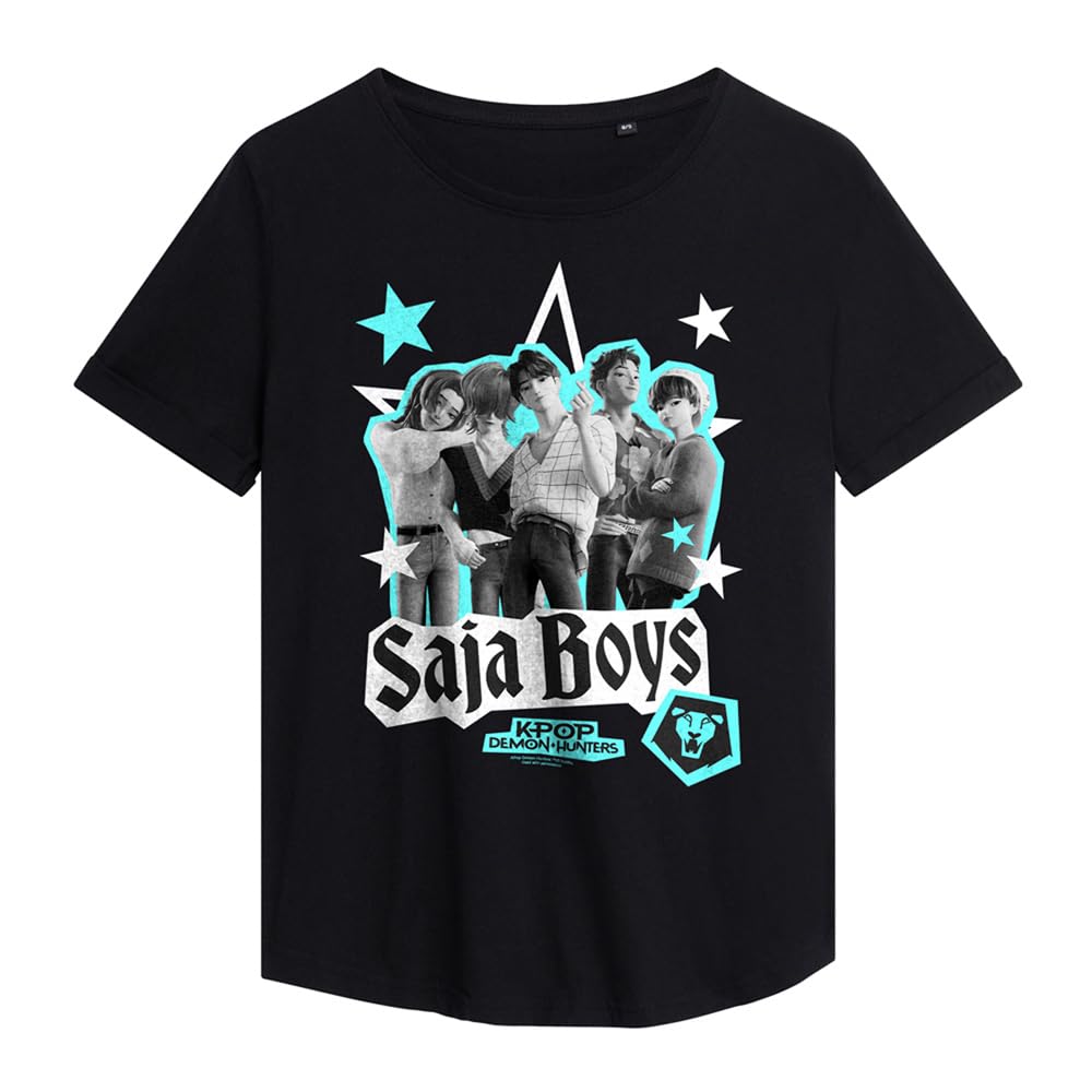 Kpop Demon Hunters Saja Boys Scrapbook Stars Ladies Fashion T Shirt, Black, Small