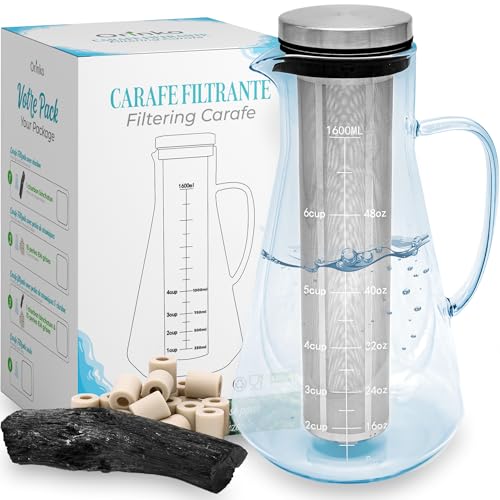 ORINKO® Jarra Cristal con Infusionador 1,6L con Carbón Activado Binchotan y Perlas de Cerámica EM x15 - Filtro Natural para Purificación de Agua - Ideal para Nevera, Café y Bebidas Saludables