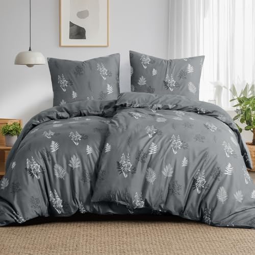 Aisbo Bettwäsche 135x200 4teilig Bettbezug - Mikrofaser Bettwäsche-Sets Floral und Blätter Blumen Muster Grau mit Reißverschluss, ÖKO-TEX Bettdeckenbezug 135x200cm mit 2 Kissenbezü