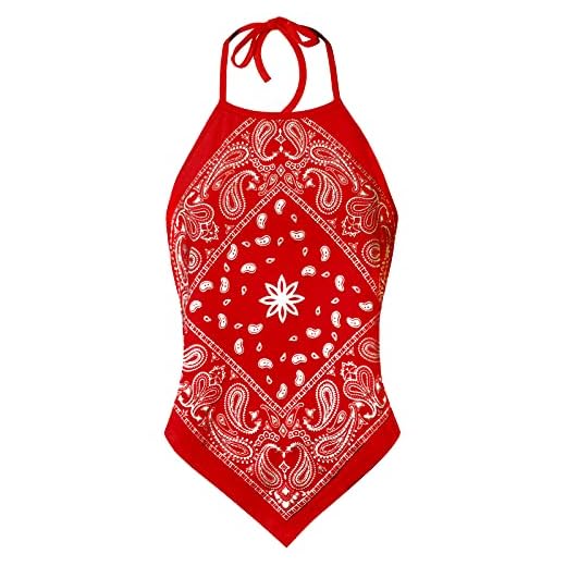 Design by Olivia Women's Sexy Paisley Bandana/Tie dye Halter Top Shirt- Made in USA Red S