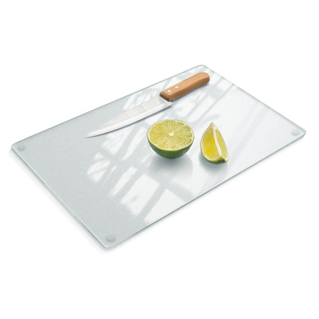 Planche en verre dépoli avec bords polis et contact avec les aliments