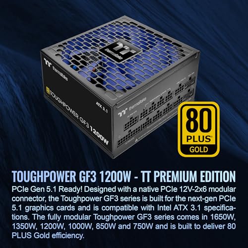 Image of Thermaltake Toughpower GF3 1200W; ATX 3.1; x2 Native PCIe 5.1 12V-2x6; Flat Cables; Color Matched Connectors; Japanese Main Capacitors; 135mm Fan; 80 Plus Gold Certified; Black; PS-TPD-1200FNFAGU-4