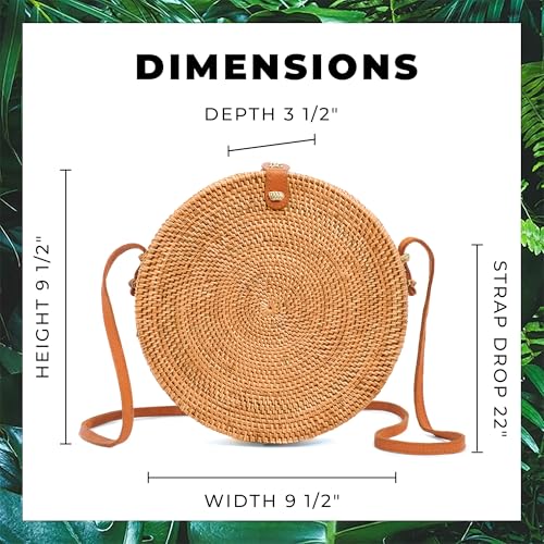 Image of Novum Crafts Round Rattan Bag for Women - Handmade Ata Wicker Woven Purse - Circle, Square, Oval Brown Straw Boho Bags