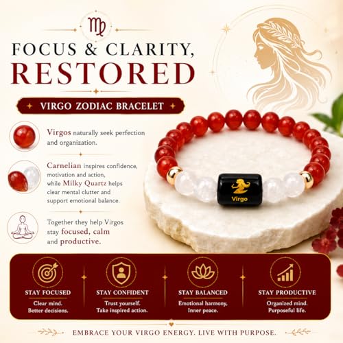 Image of Virgo Zodiac Bracelet (कन्या राशि) | Certified Healing Crystal for Focus, Confidence & Calm | Original Carnelian & MilkyQuartz Stone | Crystal Bracelet for Man & Woman | Gift for Man & Woman