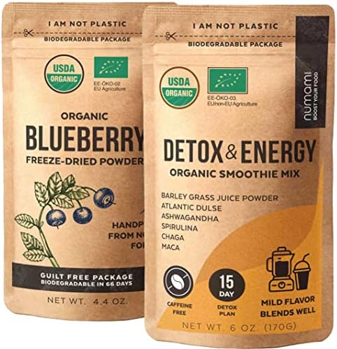 Organic Wild Blueberry Powder together with Detox and Energy Smoothie Mix. Ultimate Detoxification and Metabolism Boost Giving You More Energy Without Caffeine. Premium Quality and Organic Certified