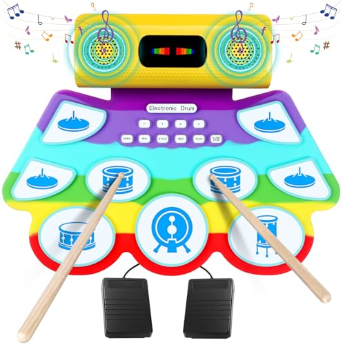 Lotkey Electronic Drum Set, 9 Pads Portable Electric Drum Set for Kids Roll-up Drum Kit Machine with Built-in Speaker Drum Pedals and Stick Great Christmas Holiday Gift for Kids