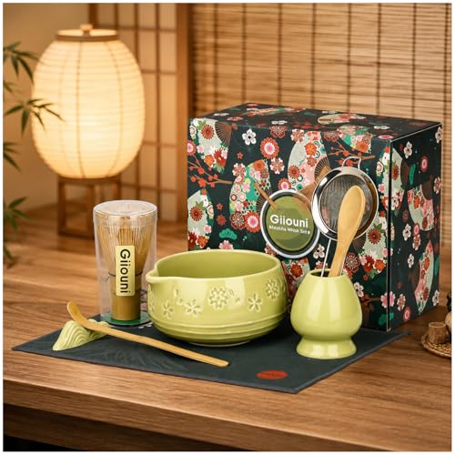 Giiouni Matcha Whisk Set, Ceramic Matcha Set with Bowl, Chasen Holder, Scoop Rest, Sifter, 8-Pcs Japanese Ceremony Matcha Kit–Matcha Lovers Gift for Women Mom Girl Friend-Matcha Green