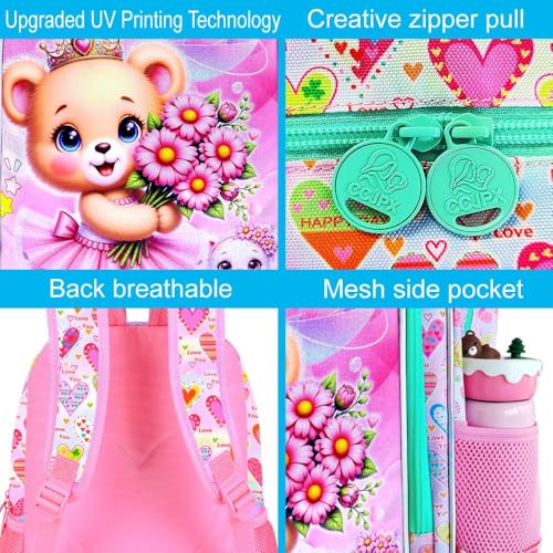 Image of CCJPX 16 inch Bear Backpack for Girls, 3Pcs Kids Bookbag with Lunch Box, Water Resistant Elementary School Bag for Kindergarten Preschool Toddler (Pink)