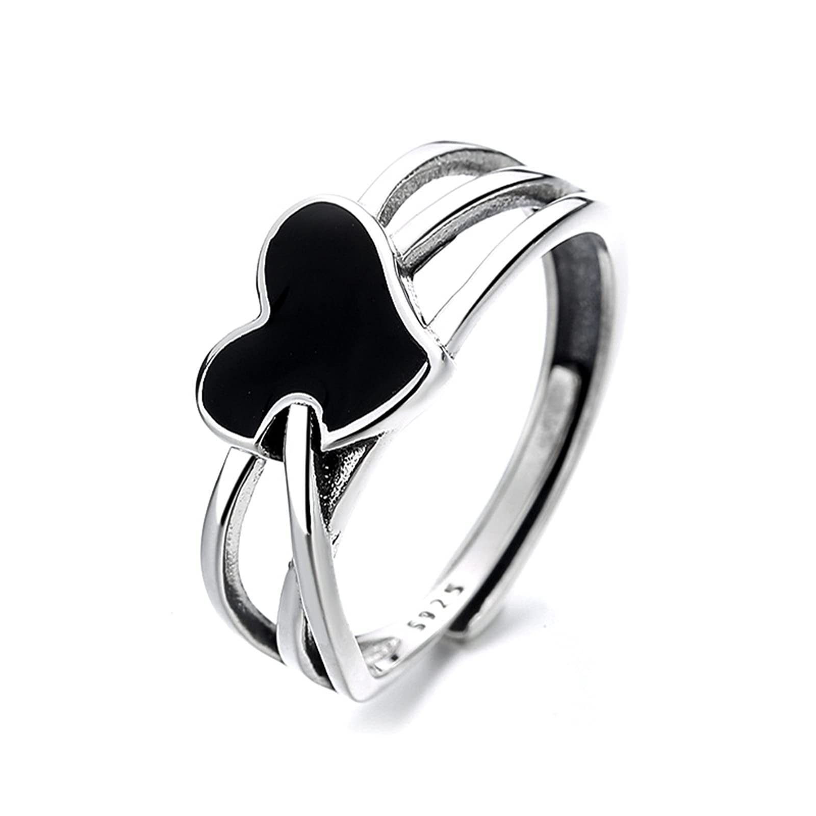 HMJGDHX S925 Sterling Retro wielowarstwowy czarny emaliowany pierścionek w kształcie serca moda hip-hop otwarty regulowany pierścionek odporny na matowienie dopasowany pierścionek z obrączką,