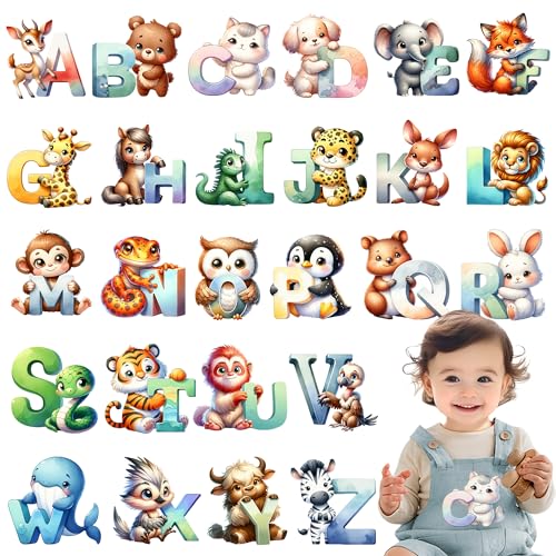 26 Sheets Baby Shower Iron on Transfer Alphabet Animal DTF Transfers for DIY Baby Onesies Decorating Kit and Newborn Gift Projects