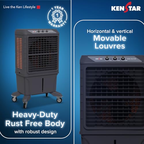 Image of Kenstar MAHA KOOL HC 120 L Desert Air Cooler WITH FRONT LOCKING COMMERCIAL GRADE WHEELS for Home|Anti-Bacterial Honeycomb Pads|High-Speed |Invertor ready|50Ft Air Throw|1-Yr Product Warranty|Grey