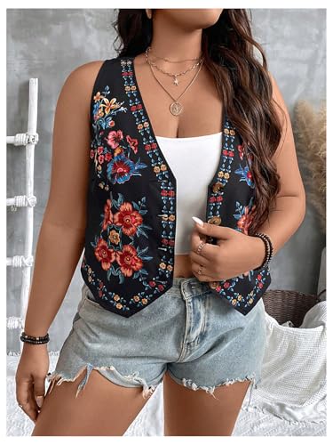 OYOANGLE Women's Plus Size Floral Embroidered Open Front Vintage Vest Sleeveless V Neck Cardigan Waistcoat3