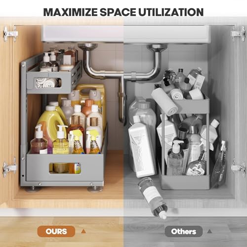 Image of 2 Pack 19IN-Depth Under Sink Organizer,Pull Out Cabinet Organizer With Smooth Cylindrical Rail,Metal Slide Out Drawer for Kitchen Bathroom Laundry,8-Level Tool Free Height Adjustable-Gun Gray