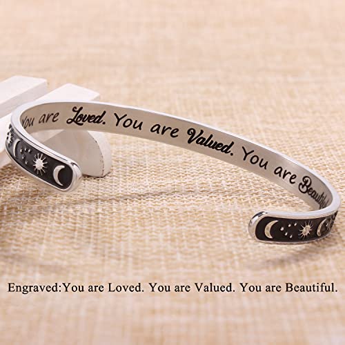 Btysun Gifts for Women Inspirational Bracelets for Women Motivational Birthday Cuff Bangle Friendship Personalized Mantra Jewelry Come Gift Box (Moon & Sun - You are Loved.) - Thumbnail 3