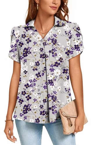 Aodemo Womens Summer Collared V Neck Short Sleeve Shirts Business Casual Pleated Tops Loose Work Dressy Blouses L, Gray-Purple Flower