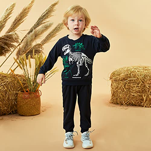 Image of HINTINA Toddler Boy Sweatshirt Outfits Long Sleeve Dinosaur Top Pants Sweatsuit 2PCS Fall Winter Outfits Set