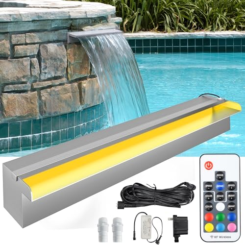 YITAHOME 24" Waterfall Spillway Stainless Steel Pool Fountain, Pool Waterfall with 7 Colors LED Light Changing Remote for Pond, Swimming Pool, Outdoor Garden Decorations