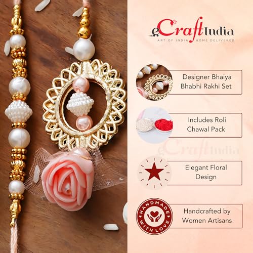 Image of eCraftIndia Golden White & Peach Floral Designer Bhaiya Bhabhi Rakhi Set with Chocolate, Cadbury Celebrations Gift Pack of 5 Assorted Chocolate, Rakhi with Chocolate Gift - Roli Chawal Pack, Card