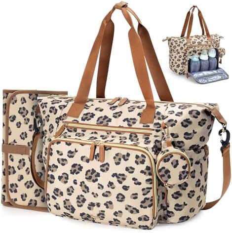 Tonyeee Wickeltasche mit Schnullertasche und Wickelunterlage, Wickelrucksack Multifunktions-Babytasche für Große Reisewindeltasche für Mama und Papa, isolierten Taschen-Leopard