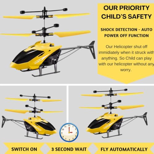 Image of RC Helicopter with Hand Gravity Sensor for Kids Flying Remote Control Toy, Chargeable LED Light & Smart Safety Sensor, Indoor Outdoor Play, for Boys & Girls - Pack of 1 (Yellow)