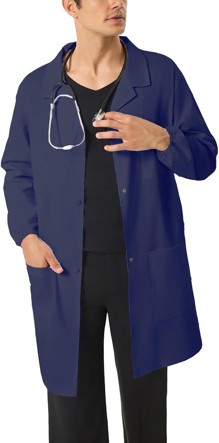 Men's Lab Coats Snap Closure 4 Pockets Elastic Cuffs Professional Medicas Long Sleeve Labcoats Scientist College