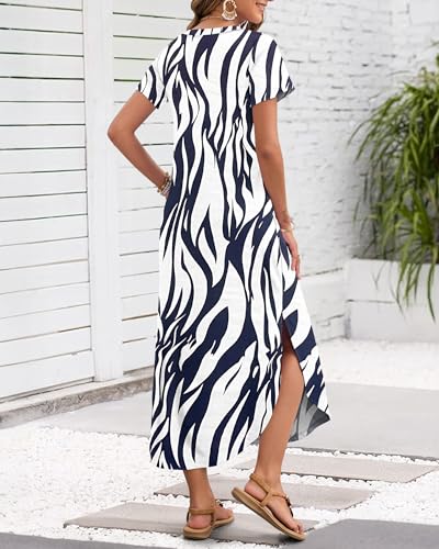 Image of MISFAY Women's Summer Maxi Dress 2026 Casual Short Sleeves V Neck Loose Sundress Split Long Beach T Shirt Dress