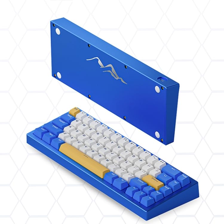 The ELECTROPRIME Compatiable for Ajazz AC067 keyboard viewed from an angle, showing the top and side, with the underside of the keyboard detached and visible behind it, highlighting the USB port and rubber feet.