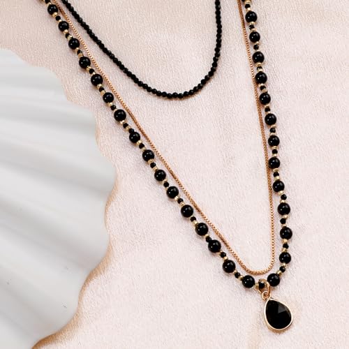 Bohemian Beaded Choker Necklace for Women Multilayered Natural Stone Beads Necklace with Stone Pendant Boho Strand Statement Necklaces Handmade Hippie Necklace Beach Jewelry Gift for Women3