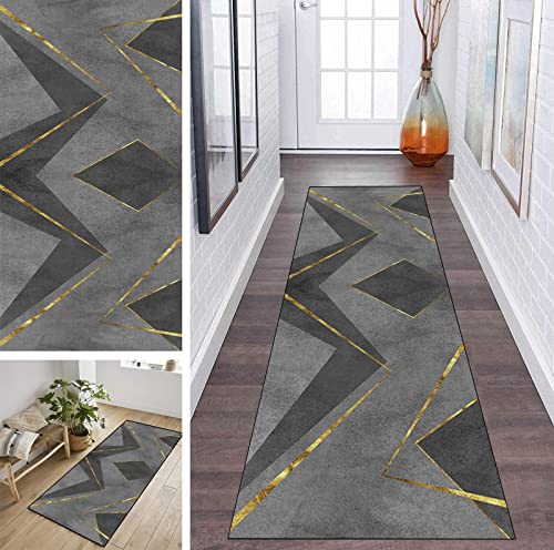ZDYHMrj Tapis Long de Passage Couloir Cuisine Lavable Gris Noir Antidérapant Moderne Géométrie Tapis Cuisine Entrée en Polyester pour Couloir, Salon, escalier, Largeur 60cm/ 70cm/ 80cm/ 90cm/ 100cm Cover