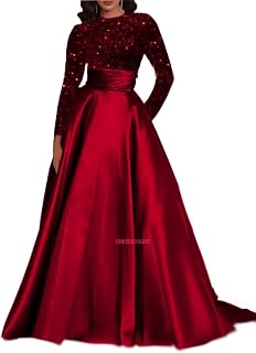 Long Sleeve Prom Dresses Sequin Satin Formal Gowns Round Neck Evening Dress A-Line Ball Gown with Pockets
