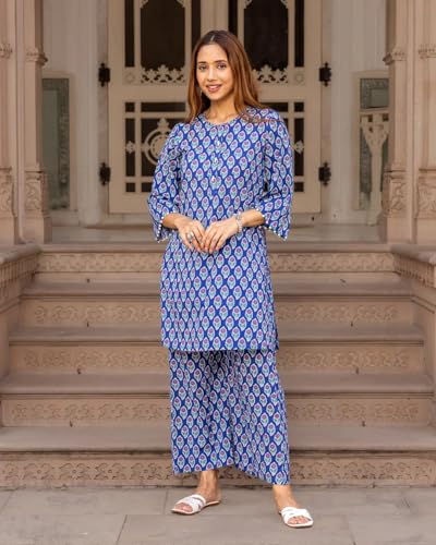 Image of LookMark Women Viscose Rayon Floral Printed Stitched Kurta with Pant | Blue Color Kurta Set | Kurta with Pant Set for Woman | Printed Kurta Set