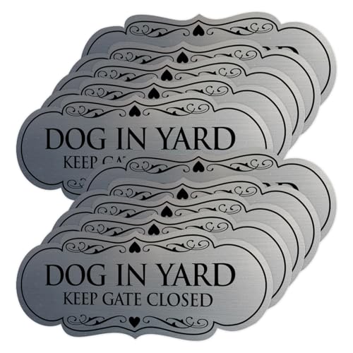 Signs ByLITA Designer Dog in Yard Keep Gate Closed Wall or Door Sign - Easy to Install | Durable Dog Safety Signs (Brushed Silver) - X-Large 10 Pack
