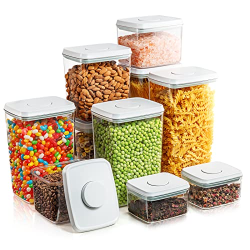 Airtight Food Storage Containers, 10-Piece, 5 Sizes, Pop-Top Lids | Clear Stackable Pantry Canisters for Flour, Sugar, Cereal, Pasta, Oats, Coffee, Snacks and Everyday Home Baking Ingredients