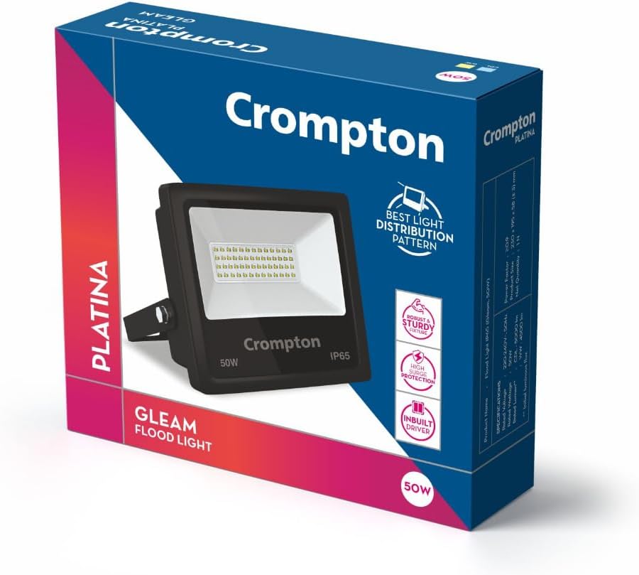 Crompton Gleam Neo LED Flood Light 50W Cool Day Light | Pack of 1 | Outdoor Waterproof Security Light | Wide Angle Beam for Monument Lighting, Shops, Malls, Parking Area