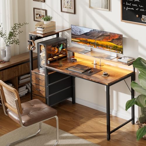 Image of HLDIRECT 44 inch Gaming Desk with 3 Fabric Drawers & Side Hooks-Reversible Home Office Computer Desk with Power Outlets & Led Lights, Gamer Desk Table with Monitor Stand, Rustic Brown