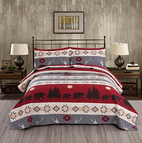 Ycosy Lodge Bear Quilt Set King Size Cabin Rustic Bedspread Coverlets Reversible Quilts Lightweight Lodge Bedding Set Bear Sunset Printed Bed Covers,1 Quilt + 2 Pillow Shams