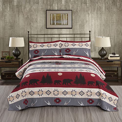 Ycosy Lodge Bear Quilt Set King Size Cabin Rustic Bedspread Coverlets Reversible Quilts Lightweight Lodge Bedding Set Bear Sunset Printed Bed Covers,1 Quilt + 2 Pillow Shams #TOP29