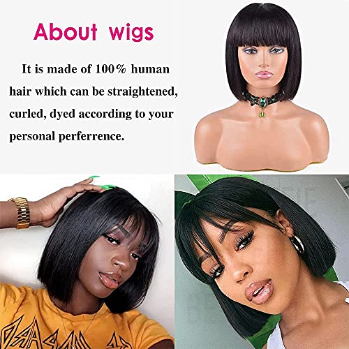 Besteffie Short Bob Wigs With Bangs Human Hair Wigs For Black Women Straight Wigs 100% Brazilian Virgin Hair Glueless Machine Made Wig Natural Color Short Bob Wigs 8 Inch #TOP3