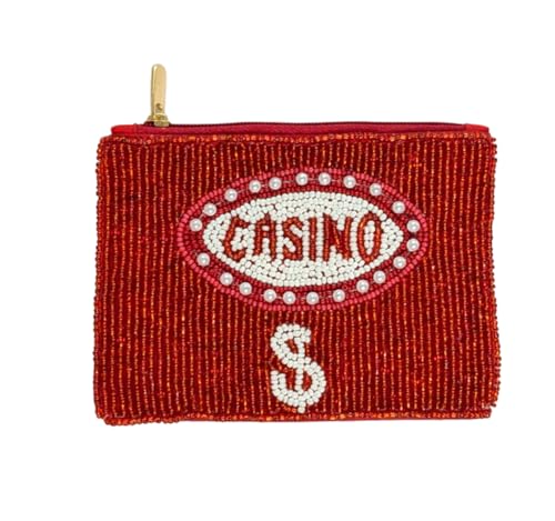 Casino Themed Beaded Coin Purse - Red Zipper Pouch with $ Design Handmade Beaded Accessory for Casino Night