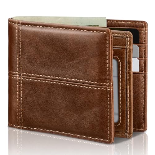 Mens Wallet Bifold Genuine Leather RFID Blocking Wallet for Men with 1 ID Window 13 Card Holders 2 cash pockets 1 Gift Box
