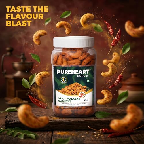Image of Pureheart Spicy Malabar Cashews 333g | Roasted Masala Kaju with Curry Leaves | Premium Crunchy Flavored Cashew Nuts | Healthy Snack, Protein Rich Dry Fruits | Spicy Roasted Nuts Pack