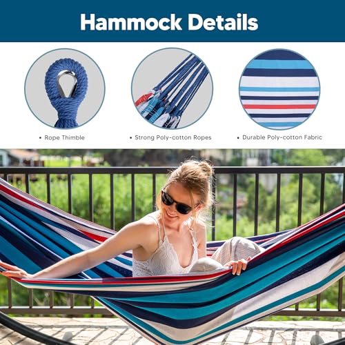 Image of SUNCREAT Hammocks for Outside with Stand, Porch Hammock and Stand, 475 lbs Capacity, Blue & Red Stripes