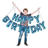 Treasures Gifted 16 Inch Blue Happy Birthday Balloons Banners Mylar Aluminum Decorations Foil Letters with Stars Hanging String Set Party Supply for Men Women and Children