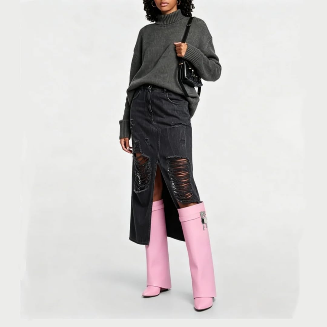 keleimusi Fold Over Wedge Boots Heeled PadLock Pant Knee High Shoes Tall/Short Booties
