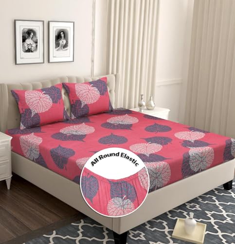 BSB HOME Premium Microfiber All Round Elastic Fitted Bedsheets for Double Bed with 2 King Size Pillow Covers 160 TC Supersoft |Wrinkel Free Bed Cover Size - 72x78+8 inches | Light Pink and Grey