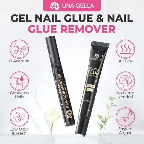 Image of UNA GELLA 15g Semi Solid Nail Glue and 10ml Nail Glue Remover Kit for Press On Nails, No U V Light Needed Quick Dry Adhesive, Rotary Flow Control Debonder with Built-in Pry Bar Tip, 28+ Days Hold